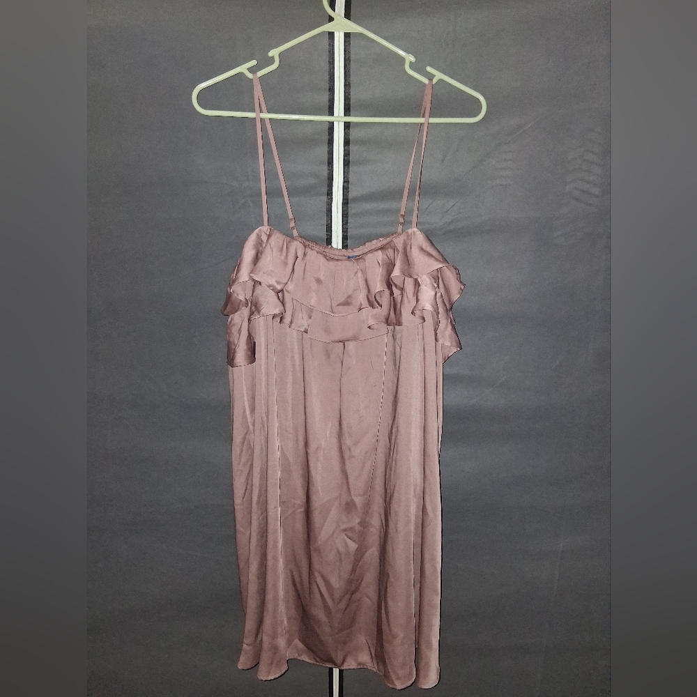 Mauve Ruffled Satin Slip Dress with Spaghetti Straps